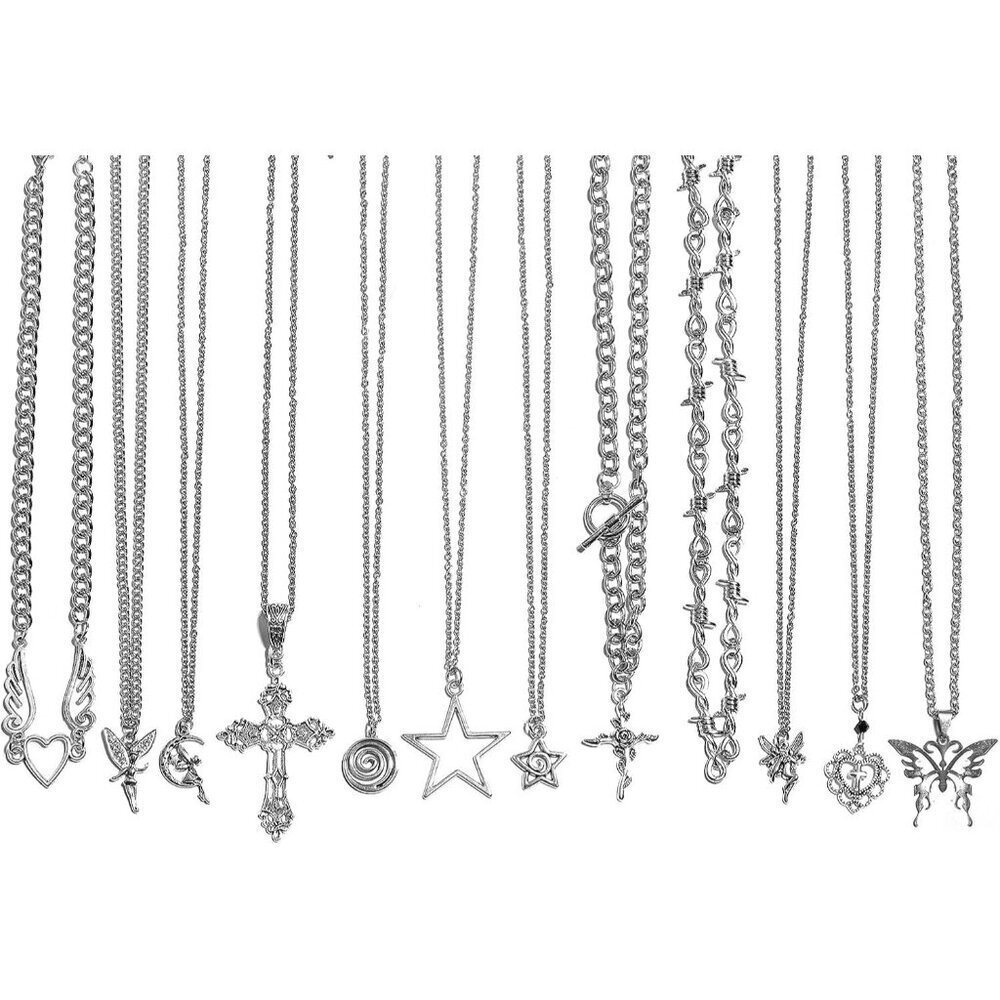 Y2K Necklace Set Silver Tone Vintage Punk Gothic Emo Layered Chains